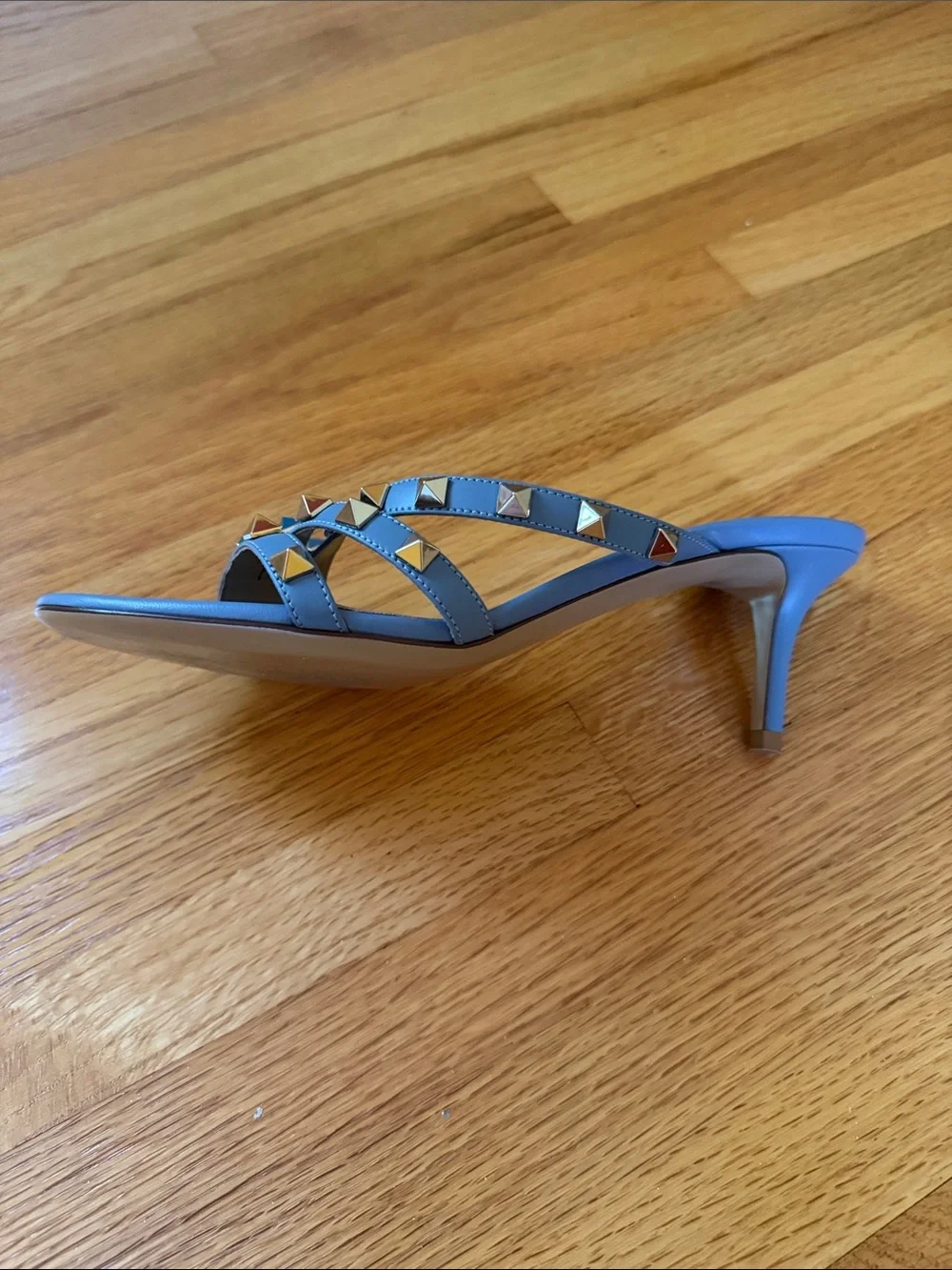 Valentino Light Blue Rockstud Leather Slingback Heel Sandals